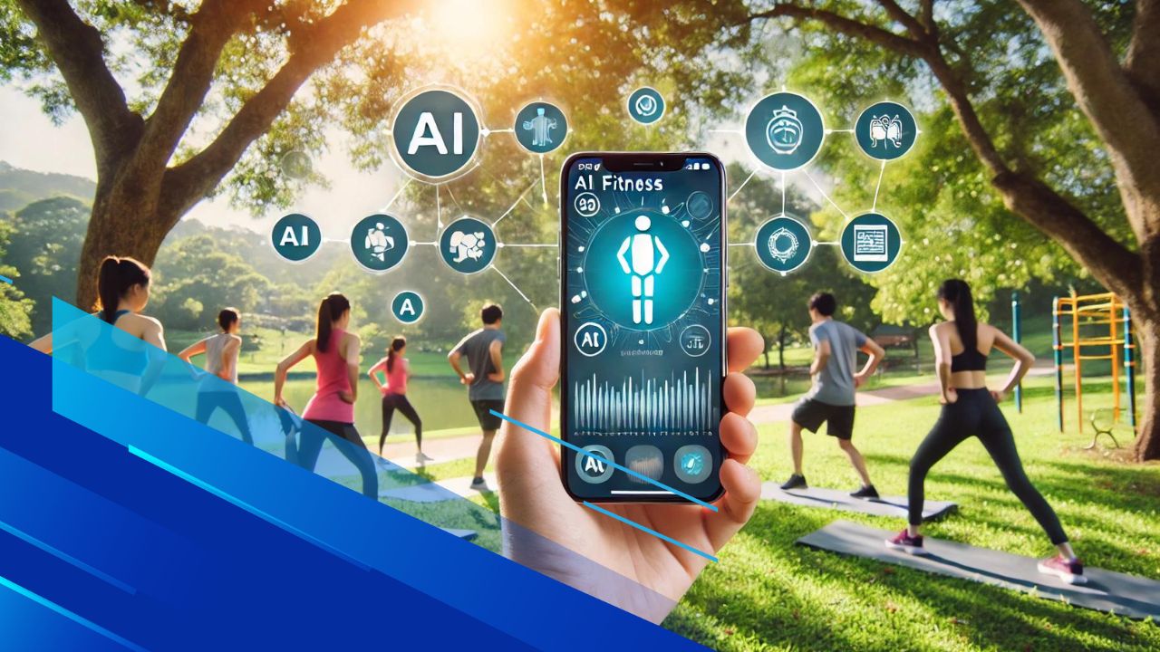 Persone che si allenano all'aperto con app fitness AI su smartphone, parco verde e cielo soleggiato