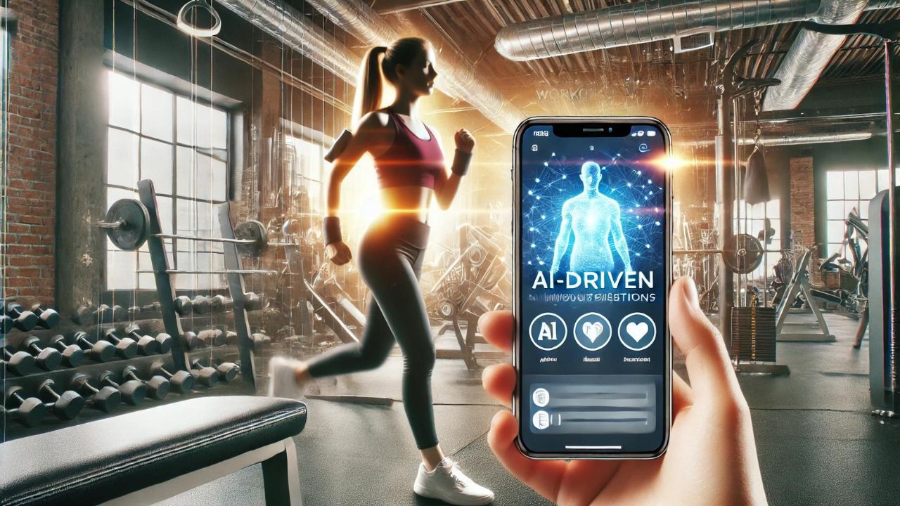 Smartphone con app fitness AI, persona che si allena in palestra con attrezzature moderne