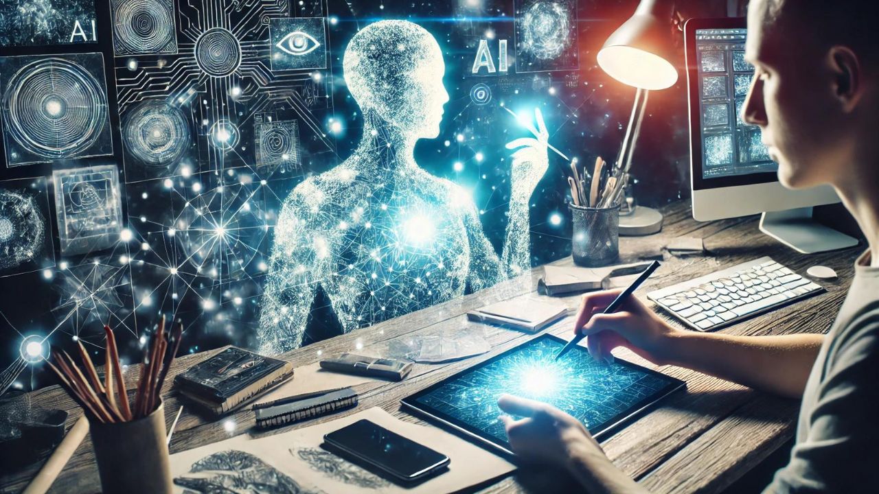 Persona che lavora su un progetto con una rappresentazione digitale dell'intelligenza artificiale, simbolo di collaborazione creativa