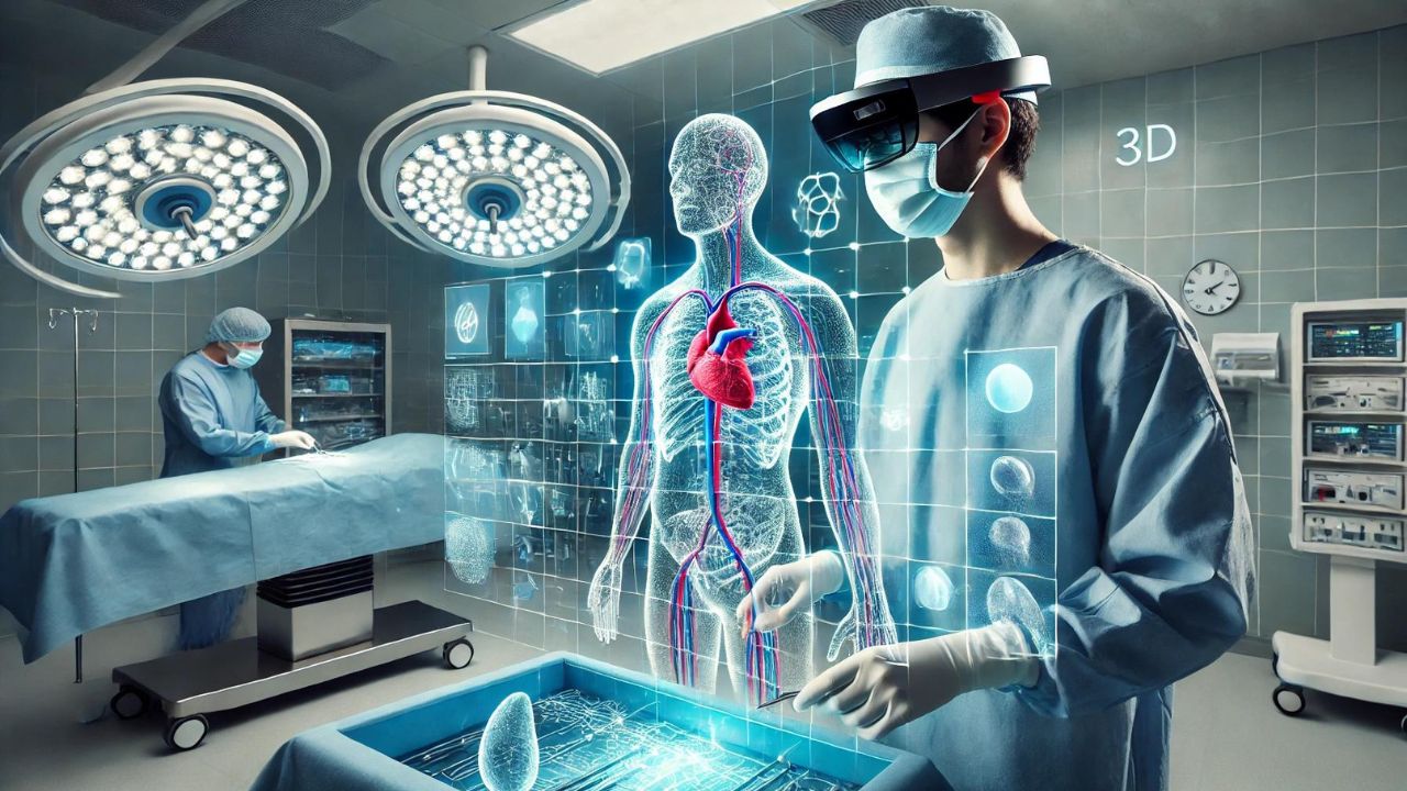 Chirurgo in una sala operatoria moderna che utilizza HoloLens con rappresentazioni olografiche 3D del corpo umano