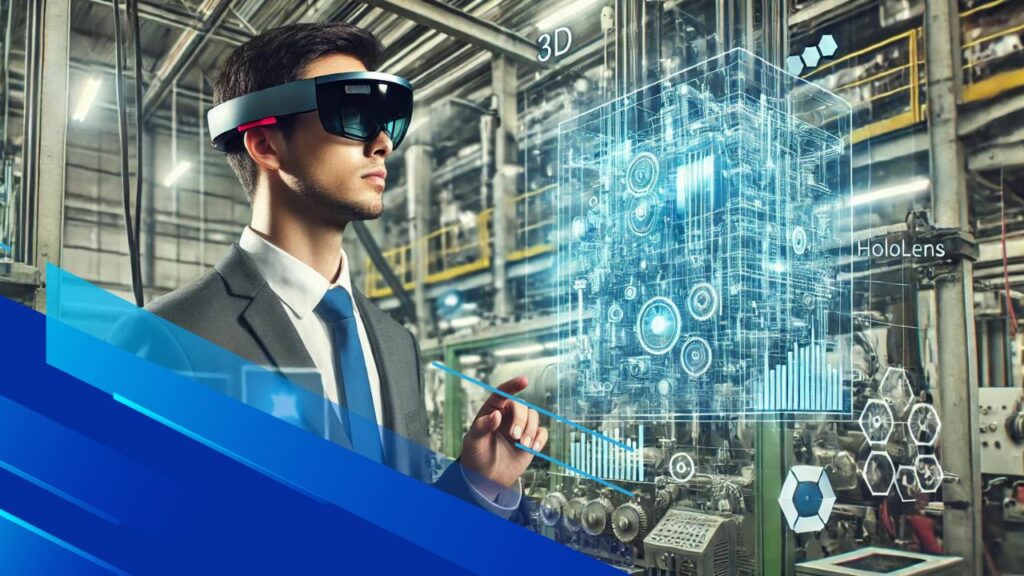 Professionista che indossa un visore HoloLens in un ambiente industriale moderno, interagendo con ologrammi 3D e dati in tempo reale