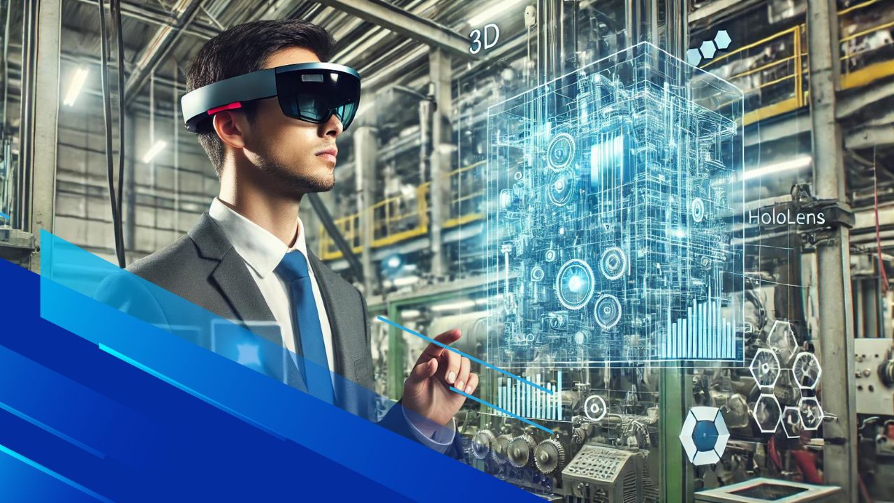 Professionista che indossa un visore HoloLens in un ambiente industriale moderno, interagendo con ologrammi 3D e dati in tempo reale