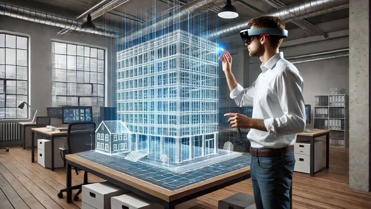 Architetto in un ufficio moderno che visualizza e modifica un progetto di edificio in 3D utilizzando HoloLens