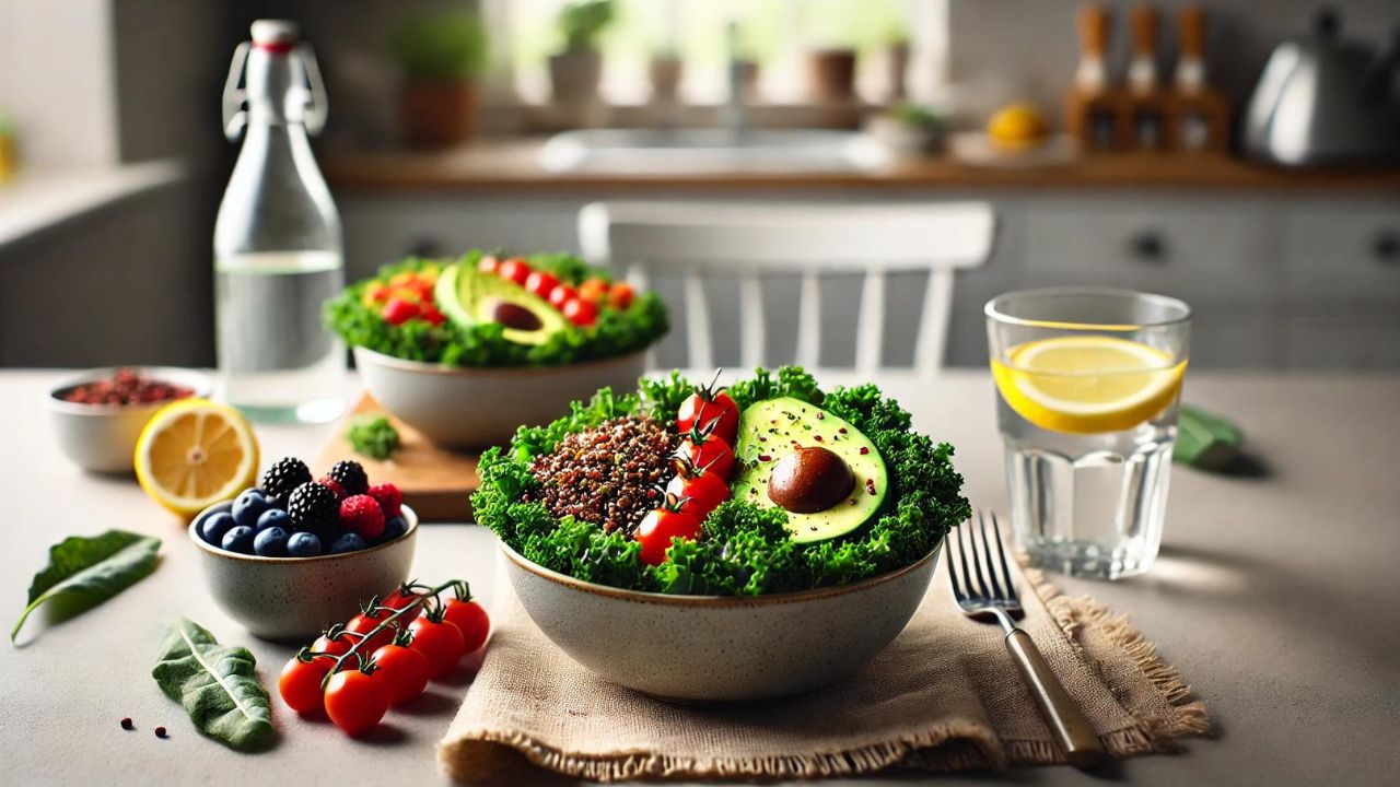 Pasto equilibrato con un'insalata ricca di fibre, composta da kale, quinoa, avocado e bacche fresche