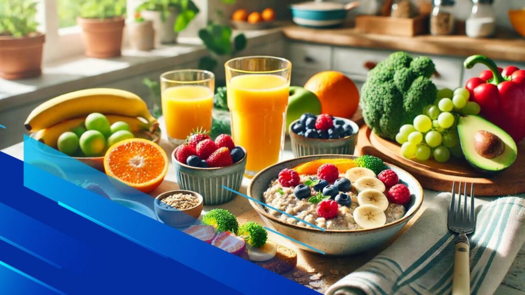 Colazione salutare con cibi ricchi di fibre come avena, frutta fresca e verdure