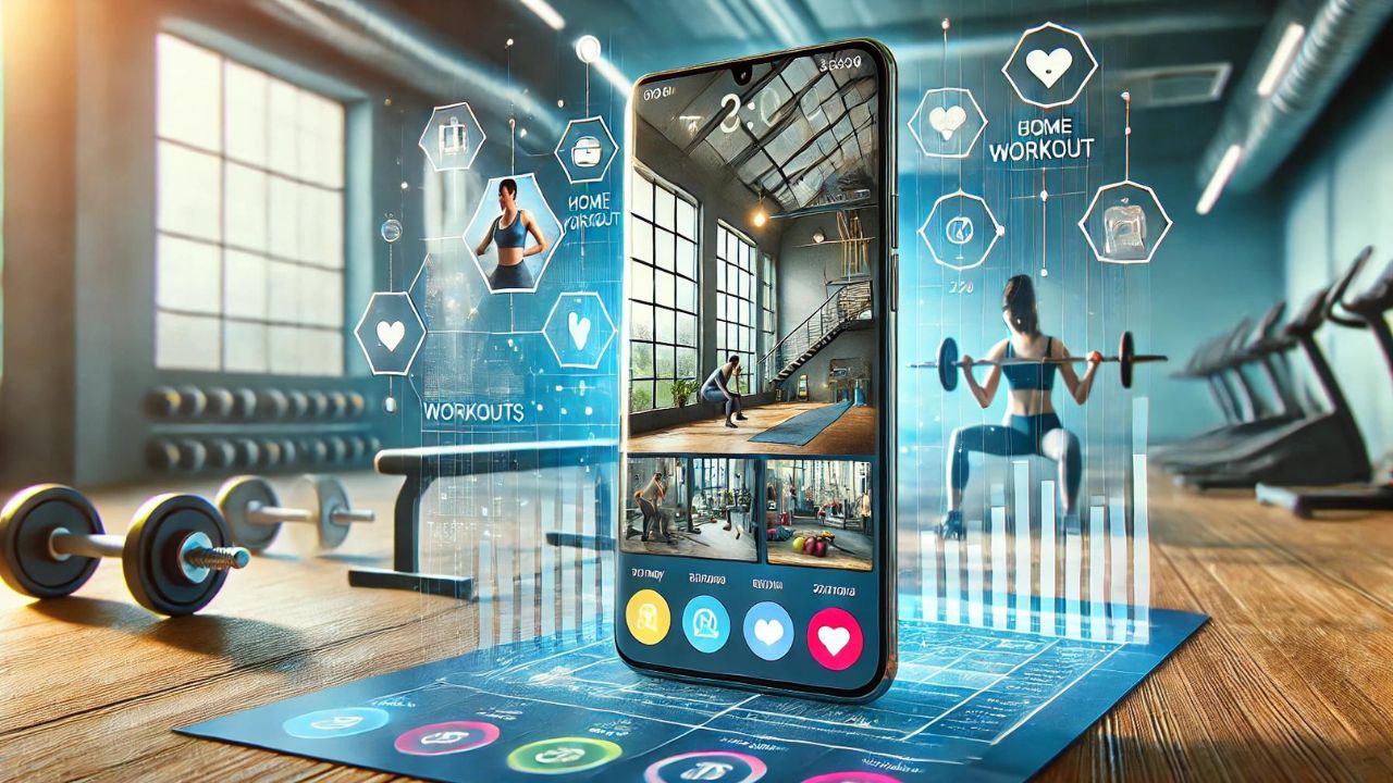 Interfaccia di un'app fitness su smartphone con sfondo di palestra e ambiente domestico