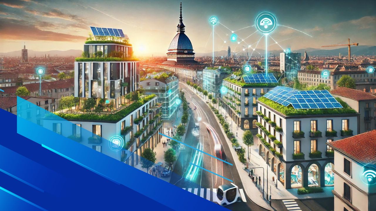 Veduta di Torino trasformata in una smart city con edifici moderni, tecnologie sostenibili e la Mole Antonelliana sullo sfondo