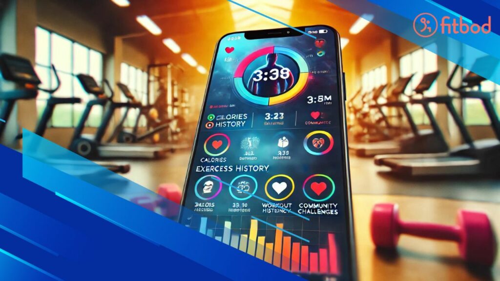 Interfaccia di un'app fitness che mostra tracking dei progressi e community con sfondo di palestra sfocato