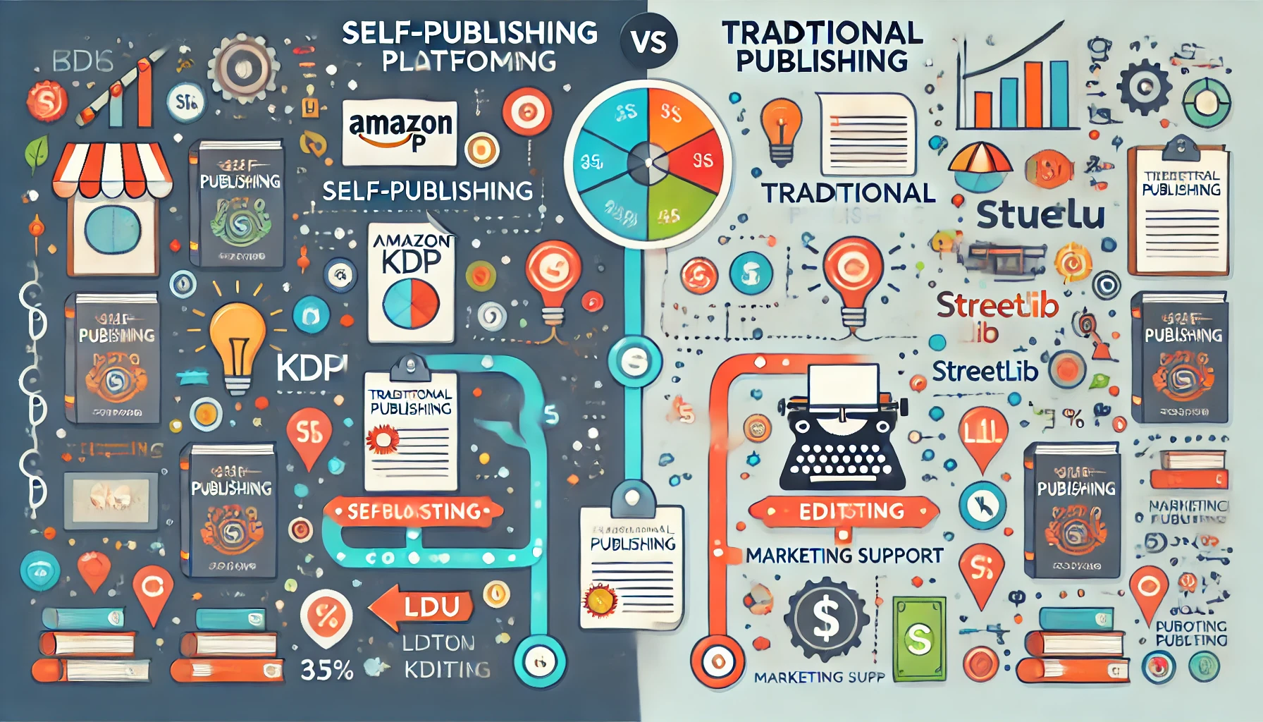 Infografica che confronta self-publishing e casa editrice, con icone per le piattaforme e passaggi chiave