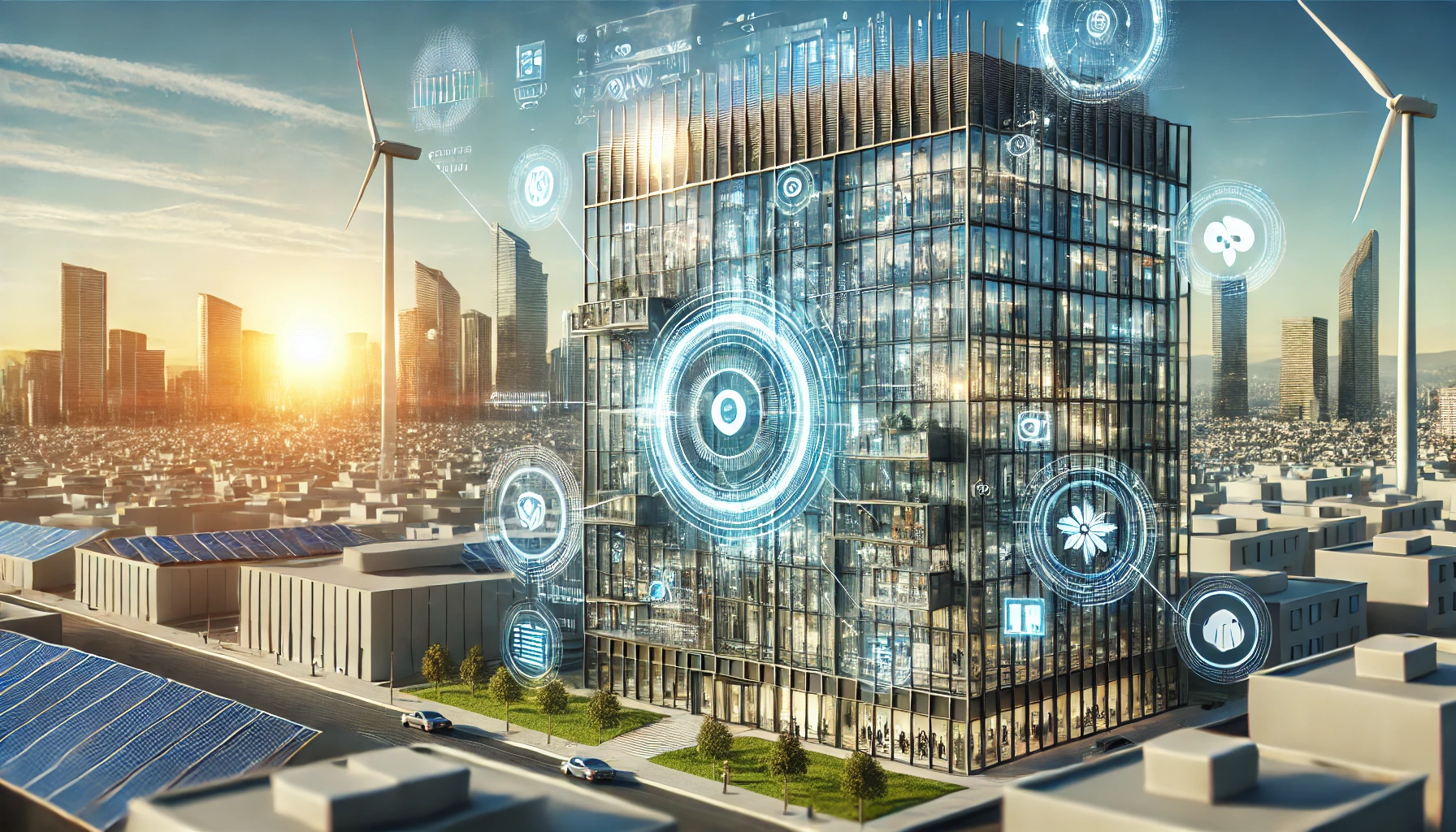 Edificio smart con pannelli solari, turbine eoliche e gestione digitale dell'energia