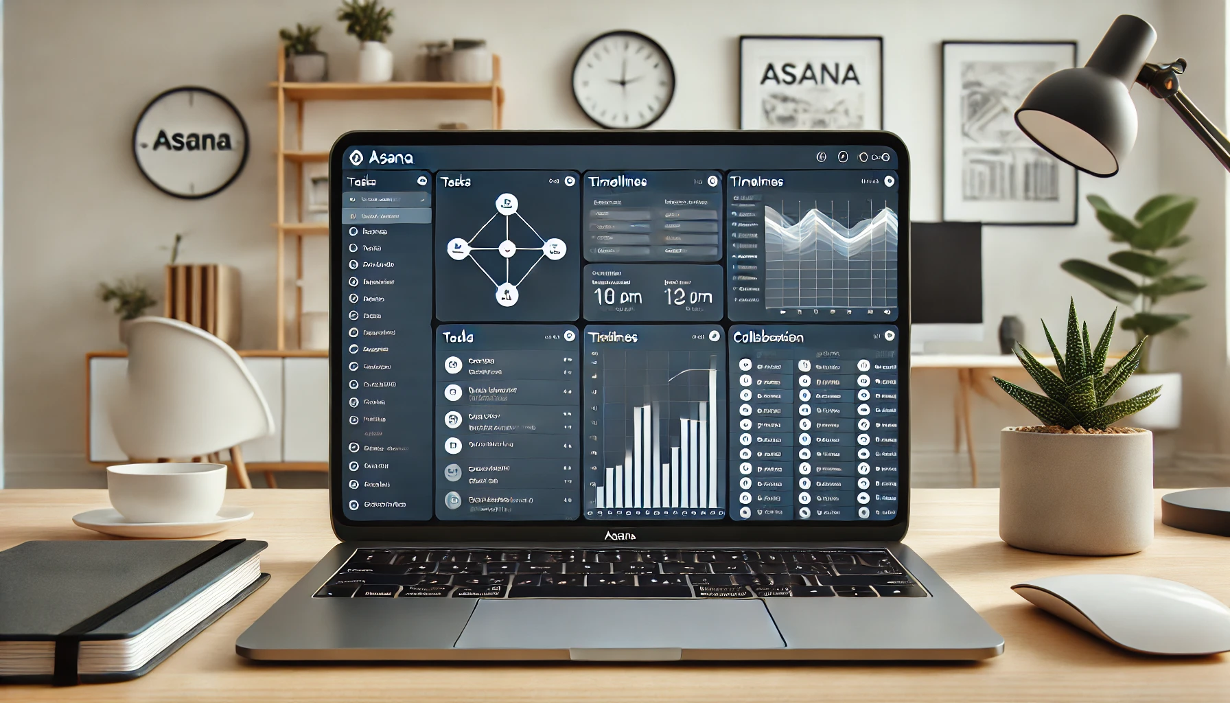 Schermata dell'interfaccia Asana su un laptop con task e scadenze visibili in un ambiente di lavoro.