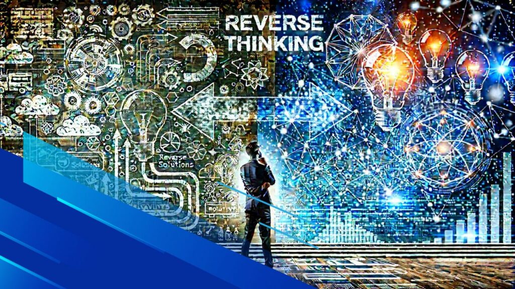 Persona che riflette davanti a uno schermo futuristico con percorsi e idee, rappresentando il reverse thinking e l'innovazione creativa.