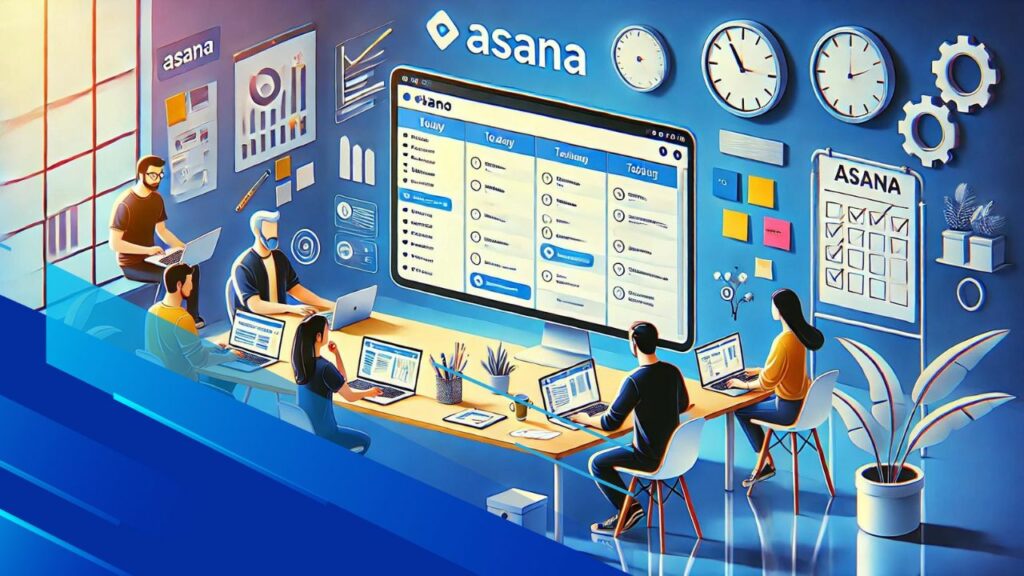 Un team che collabora su un progetto utilizzando Asana su laptop e uno schermo grande in un ufficio moderno.