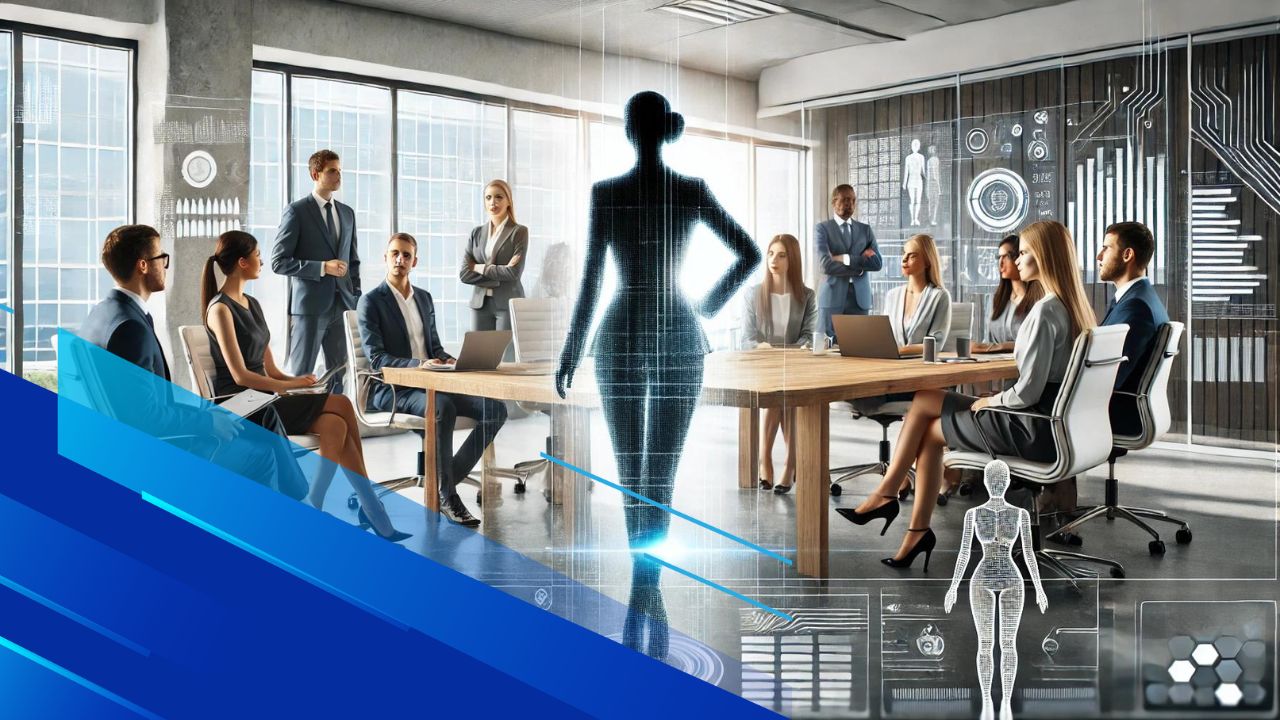 Ufficio moderno con una donna leader che guida una riunione, supportata dall'intelligenza artificiale e dati digitali