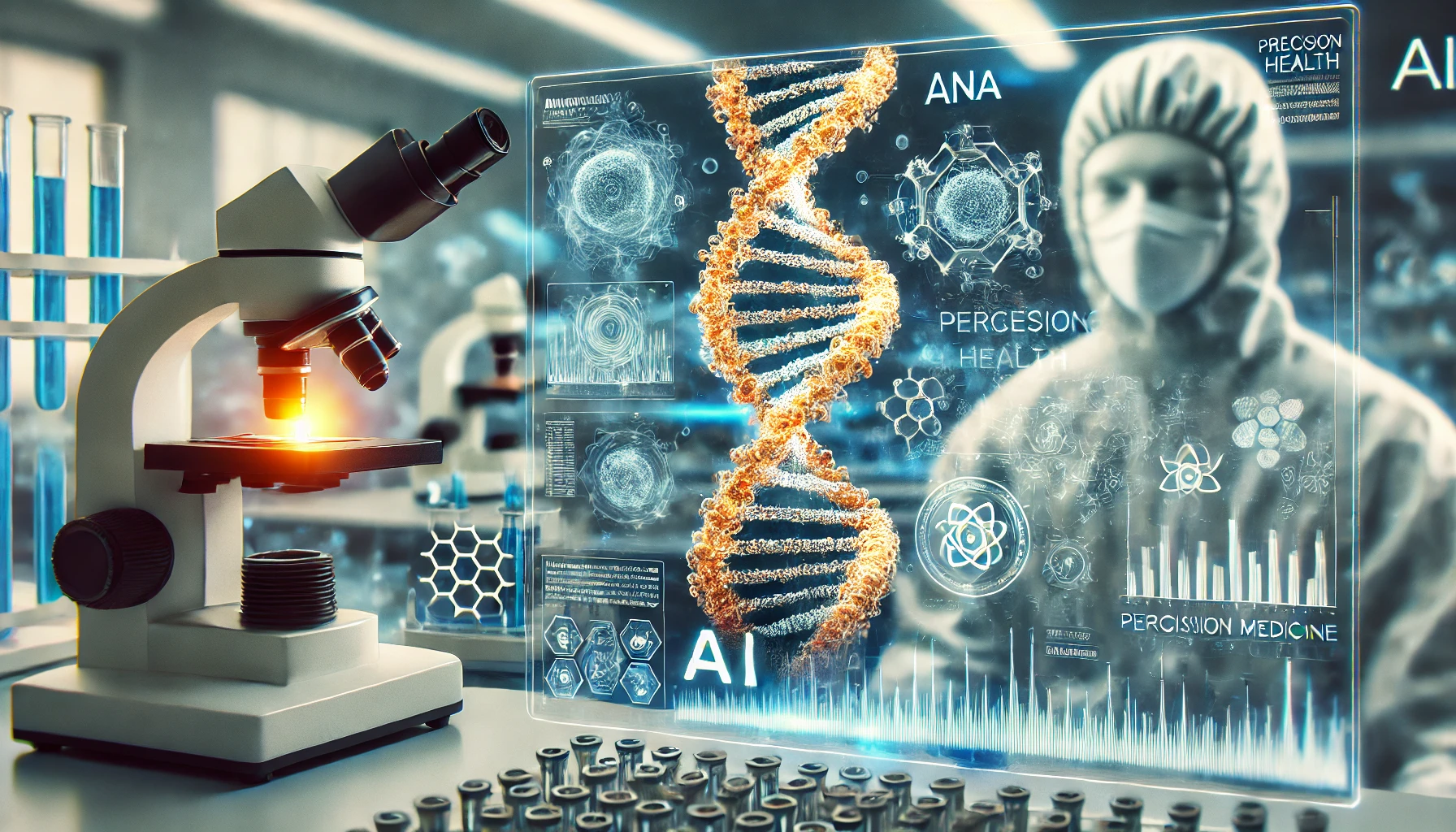 Close-up of a futuristic lab focusing on personalized medicine with AI-driven DNA analysis