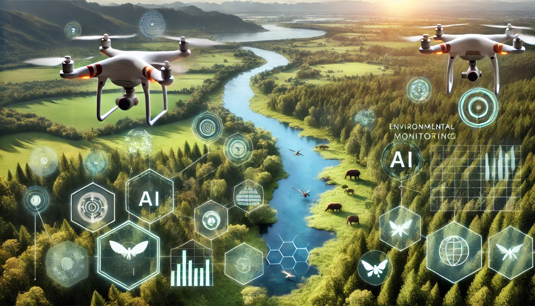 Drones and AI sensors tracking environmental health in a forest ecosystem with real-time data visualizations.