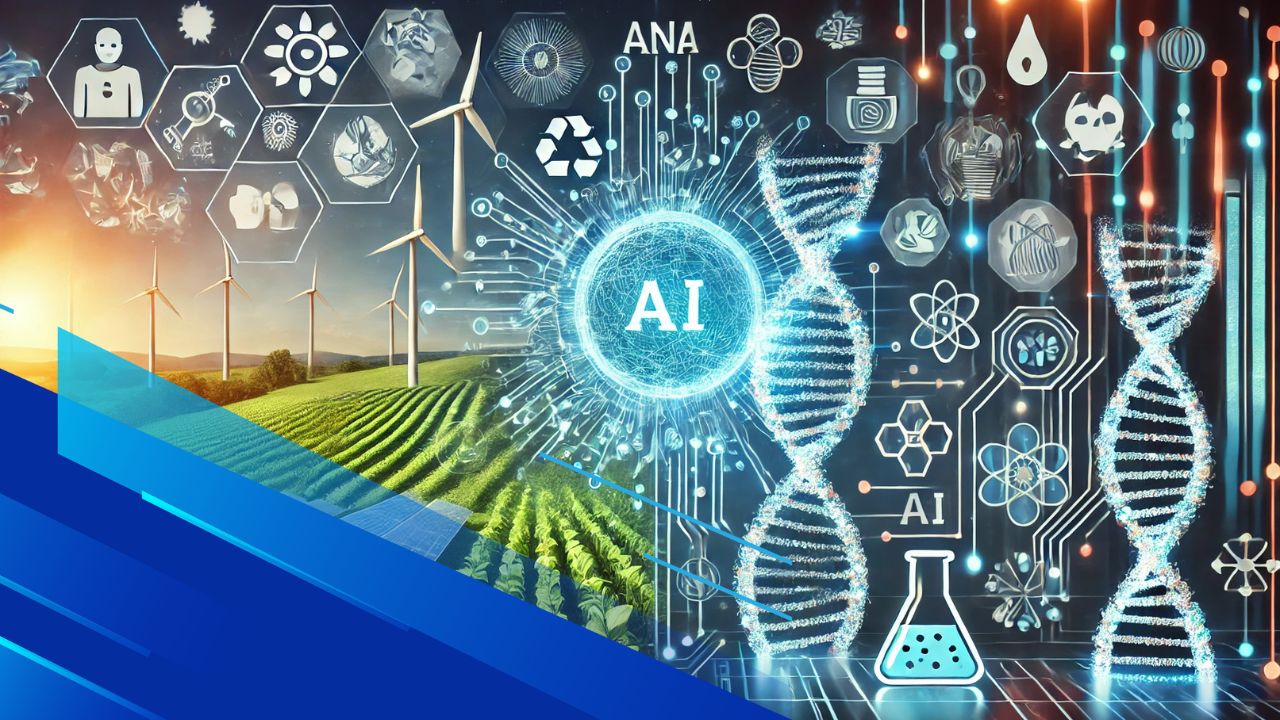 Futuristic representation of AI connecting sustainability and biotechnology with renewable energy and DNA visualization.