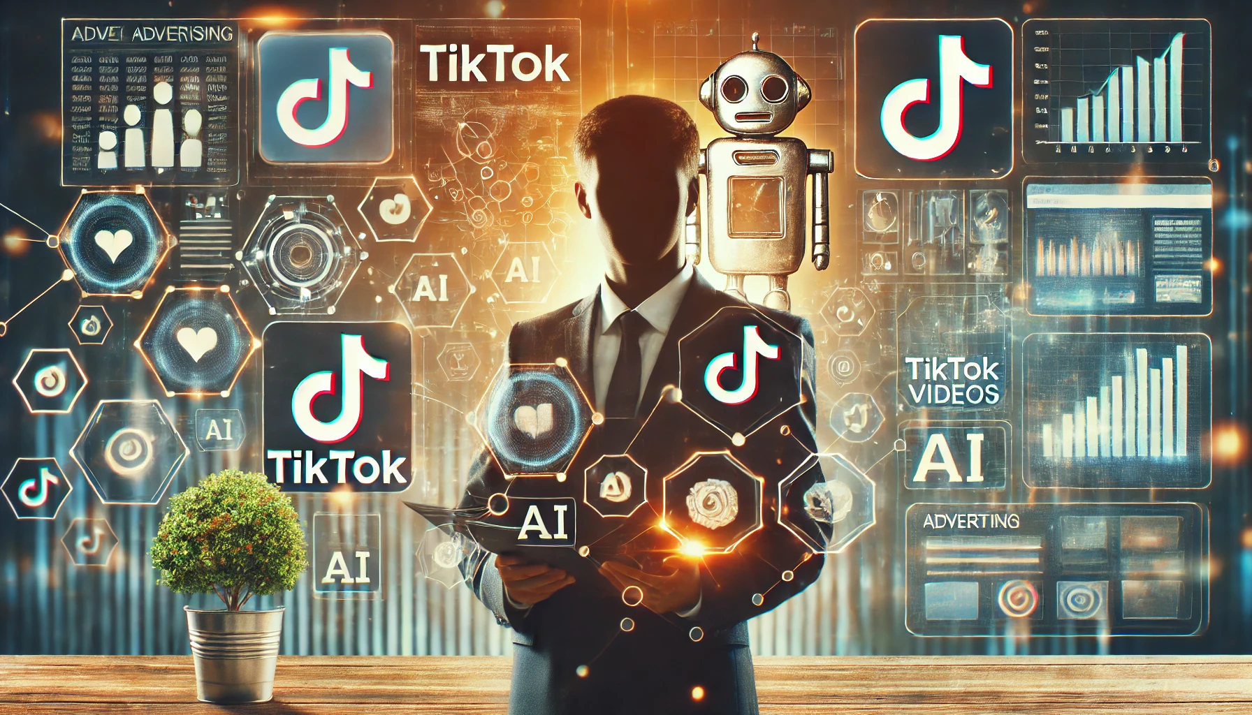 Businessman gestisce una campagna pubblicitaria digitale su TikTok con icone AI e dati.