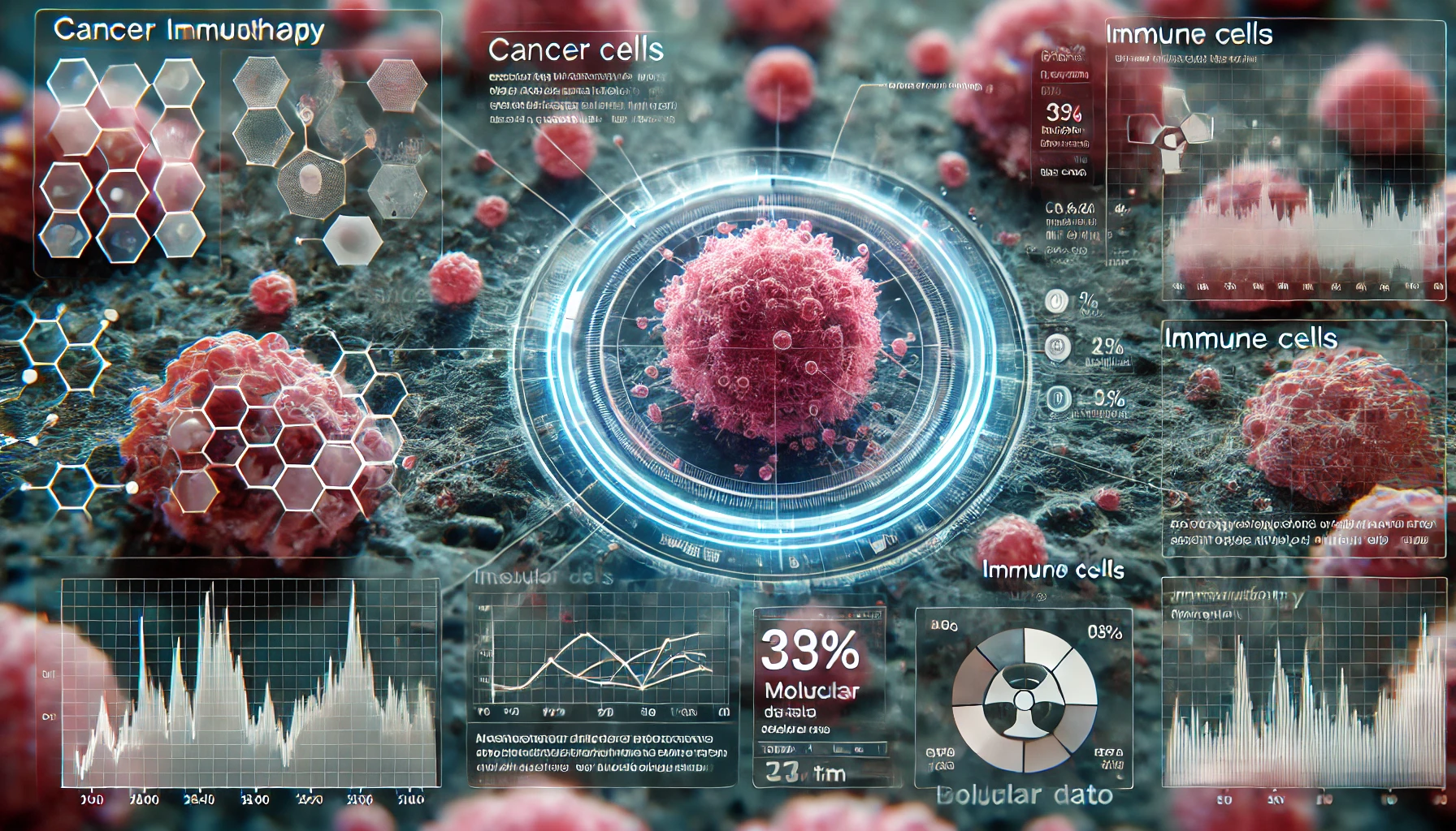 Conceptual AI interface showing immune cells attacking cancer cells with data streams and graphs