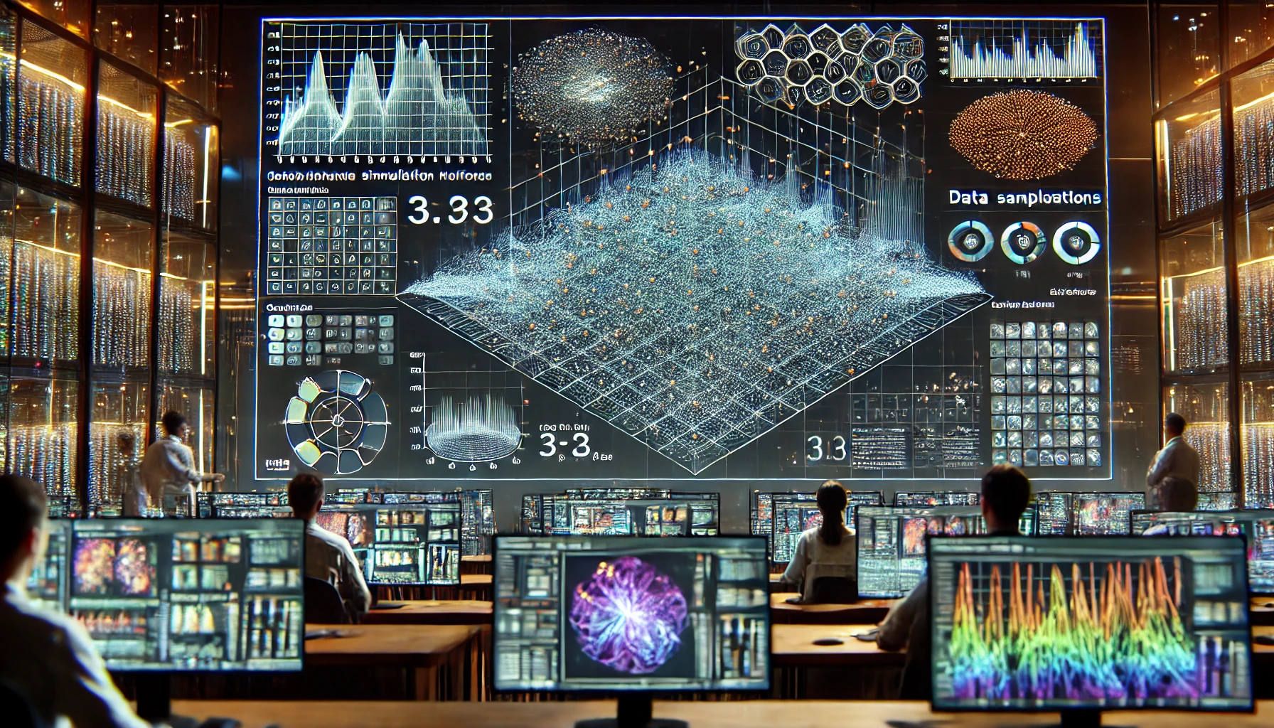 Close-up of artificial intelligence interface analyzing data for simulations with visual graphs and 3D elements.