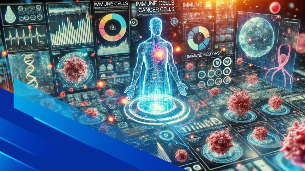 Futuristic laboratory with AI technology analyzing cancer and immune cell interactions