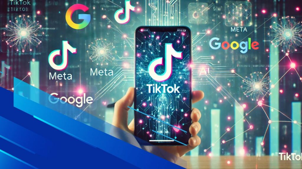 Interfaccia TikTok con elementi AI e riferimenti a Meta e Google nella competizione pubblicitaria.