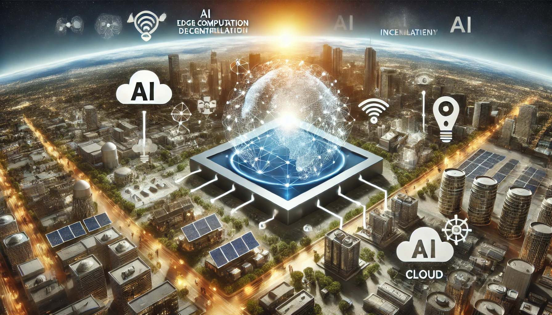 Paesaggio tecnologico che mostra dispositivi di edge computing connessi a una rete cloud, rappresentando l'innovazione nell'AI decentralizzata.