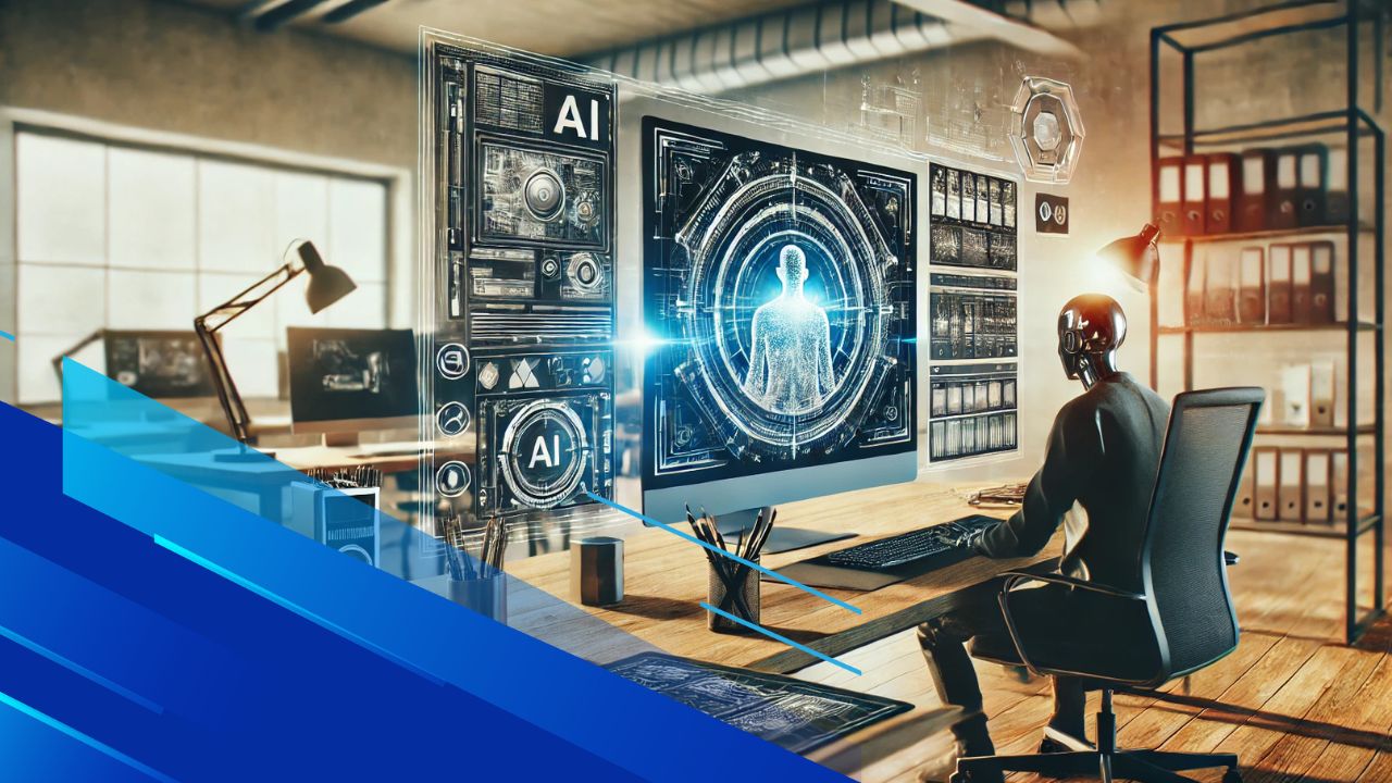 Ambiente di lavoro futuristico con strumenti AI su computer moderno.