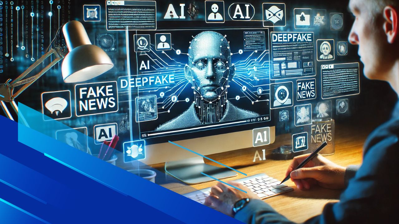 Rappresentazione di deepfake e disinformazione su piattaforme di social media con video manipolato e simboli di fake news.