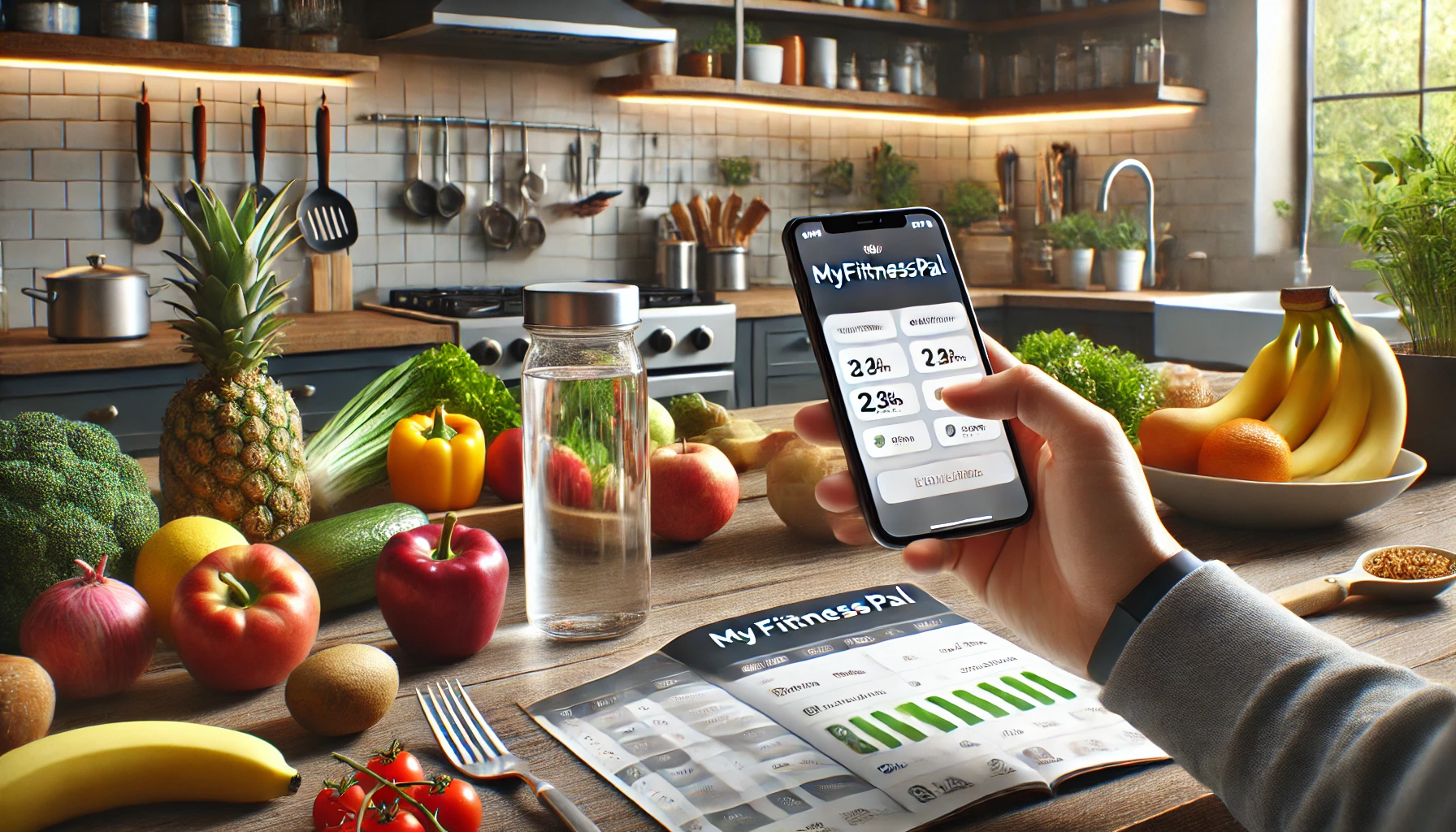 Persona che utilizza l'app MyFitnessPal in cucina con frutta e verdura fresca sul bancone