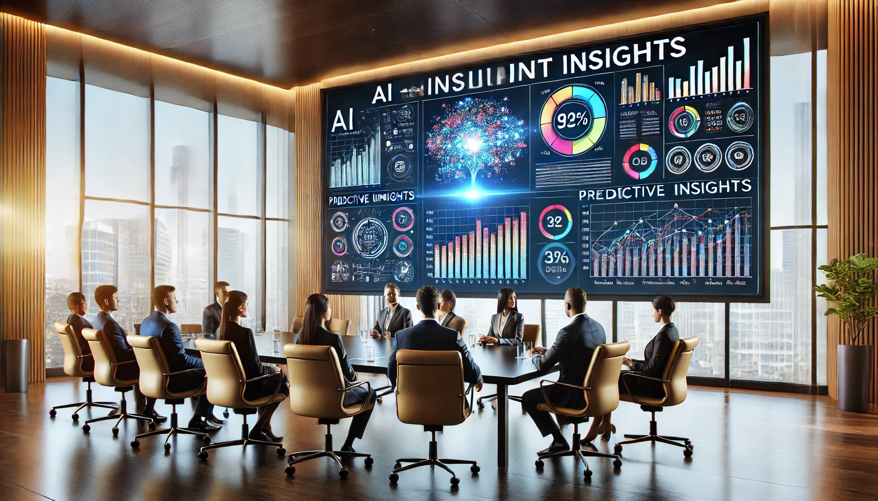 Riunione aziendale in sala conferenze con analisi di grafici AI, previsioni e metriche CRM