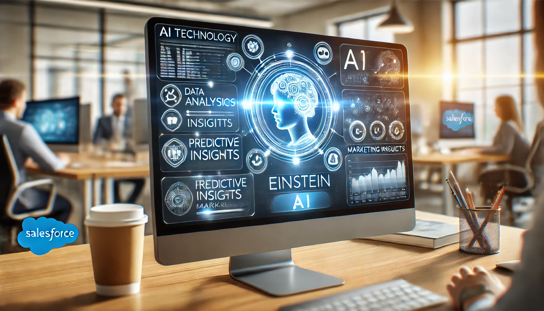 Schermo con interfaccia Einstein AI che mostra analisi dati, previsioni e suggerimenti di marketing