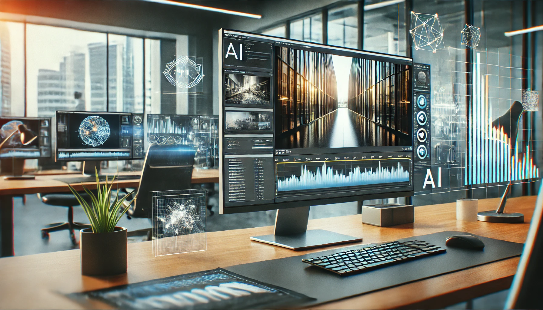 Ufficio moderno con AI che crea video fotorealistici in alta definizione su schermo.