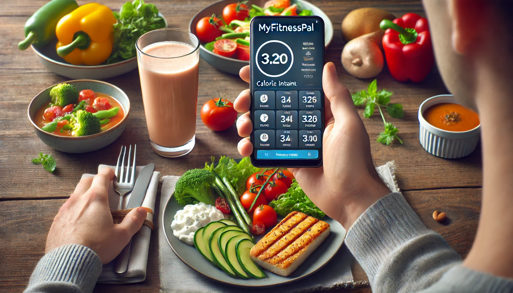 Persona seduta a tavola con MyFitnessPal su smartphone e pasto sano con verdure e proteine.