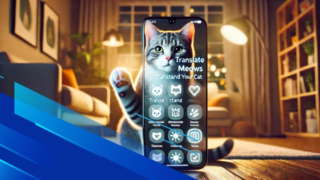 Un gatto domestico accanto a uno smartphone con un'app che traduce i miagolii dei gatti, in un ambiente domestico accogliente.