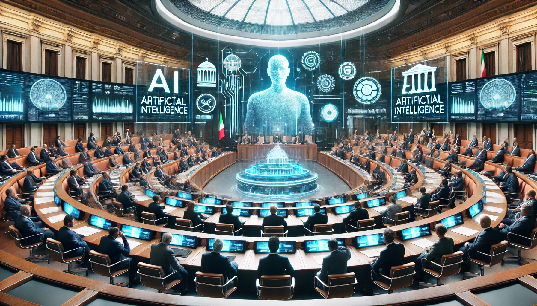 Vista futuristica del Senato italiano durante una discussione sull'intelligenza artificiale, con schermi digitali e ologrammi.