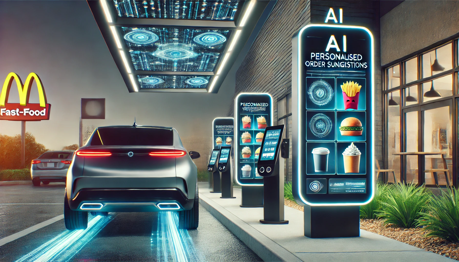 Drive-thru futuristico in un fast-food con tecnologia AI, auto davanti a uno schermo con ordini personalizzati.