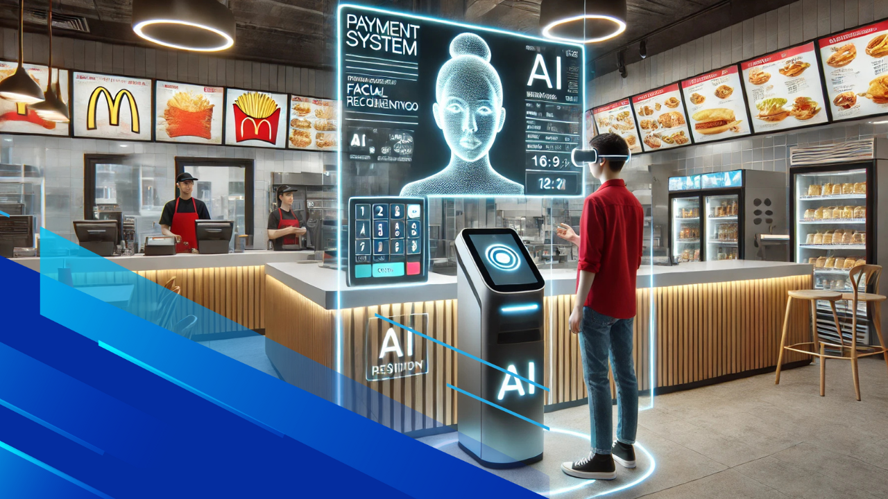 Sistema di pagamento futuristico con intelligenza artificiale in un fast-food, cliente che interagisce con uno schermo di riconoscimento facciale.