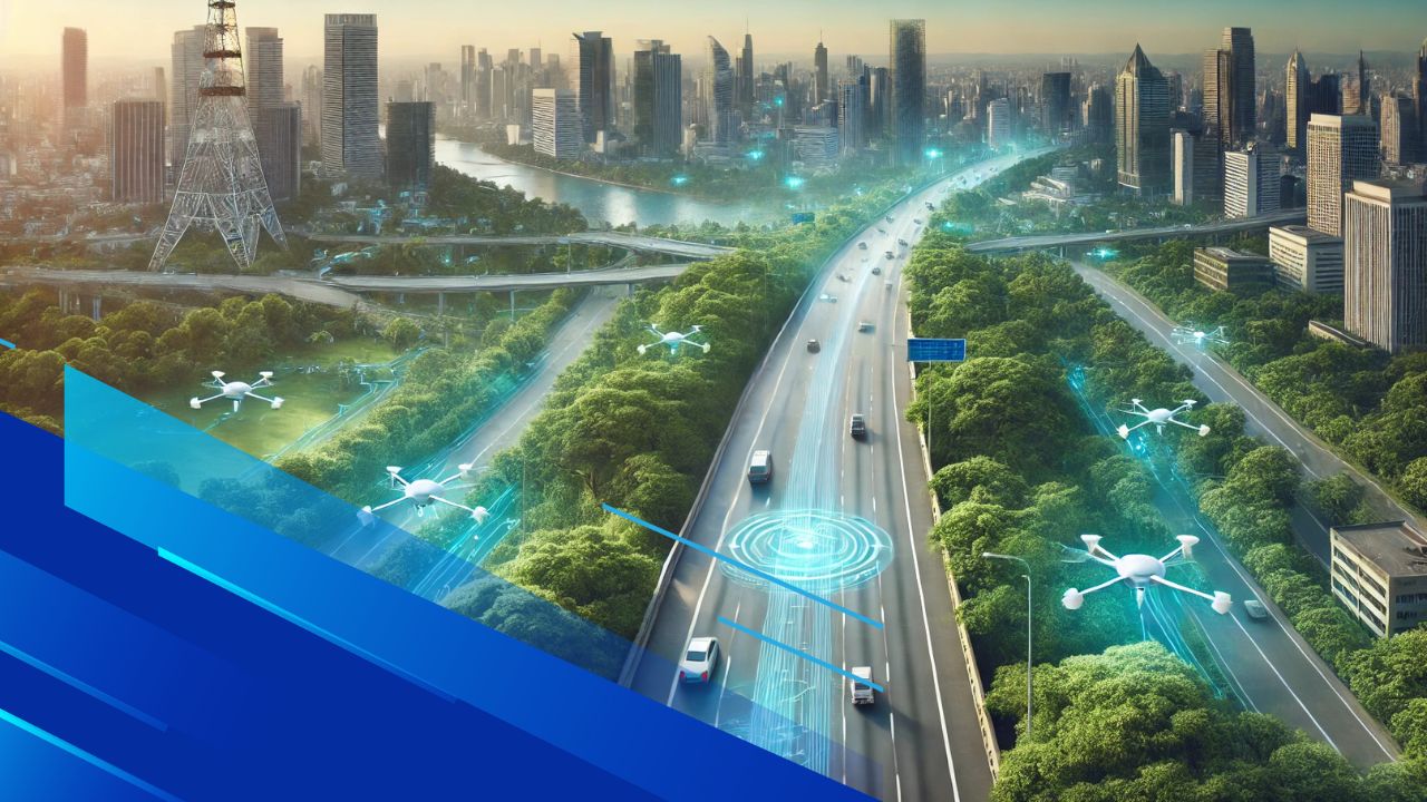 Autostrada futuristica con tecnologia avanzata di monitoraggio basata su intelligenza artificiale, circondata da natura e skyline urbano.