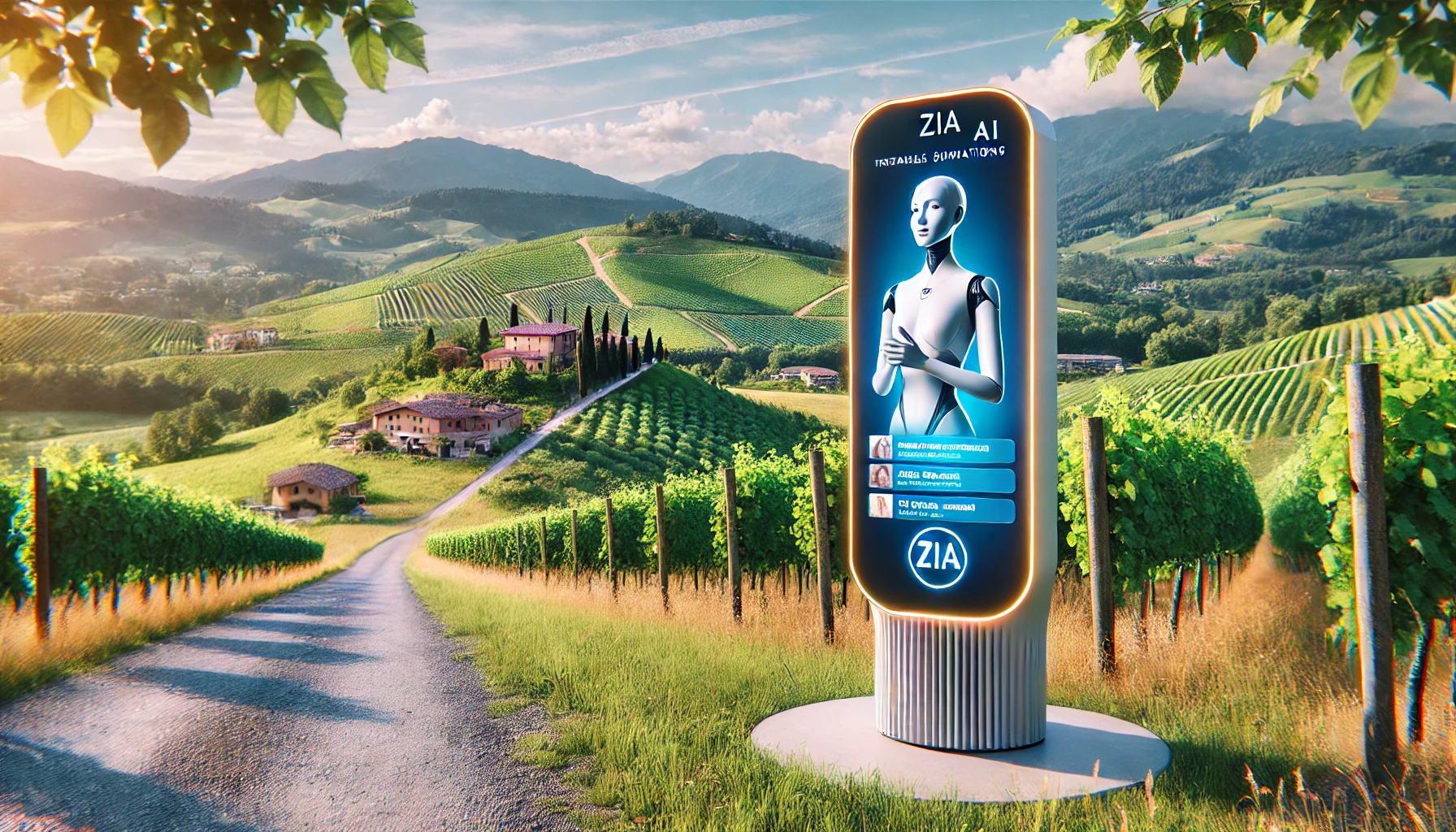 Chiosco interattivo con intelligenza artificiale "zIA" immerso nella campagna italiana con vigneti, colline e un villaggio rustico in lontananza.