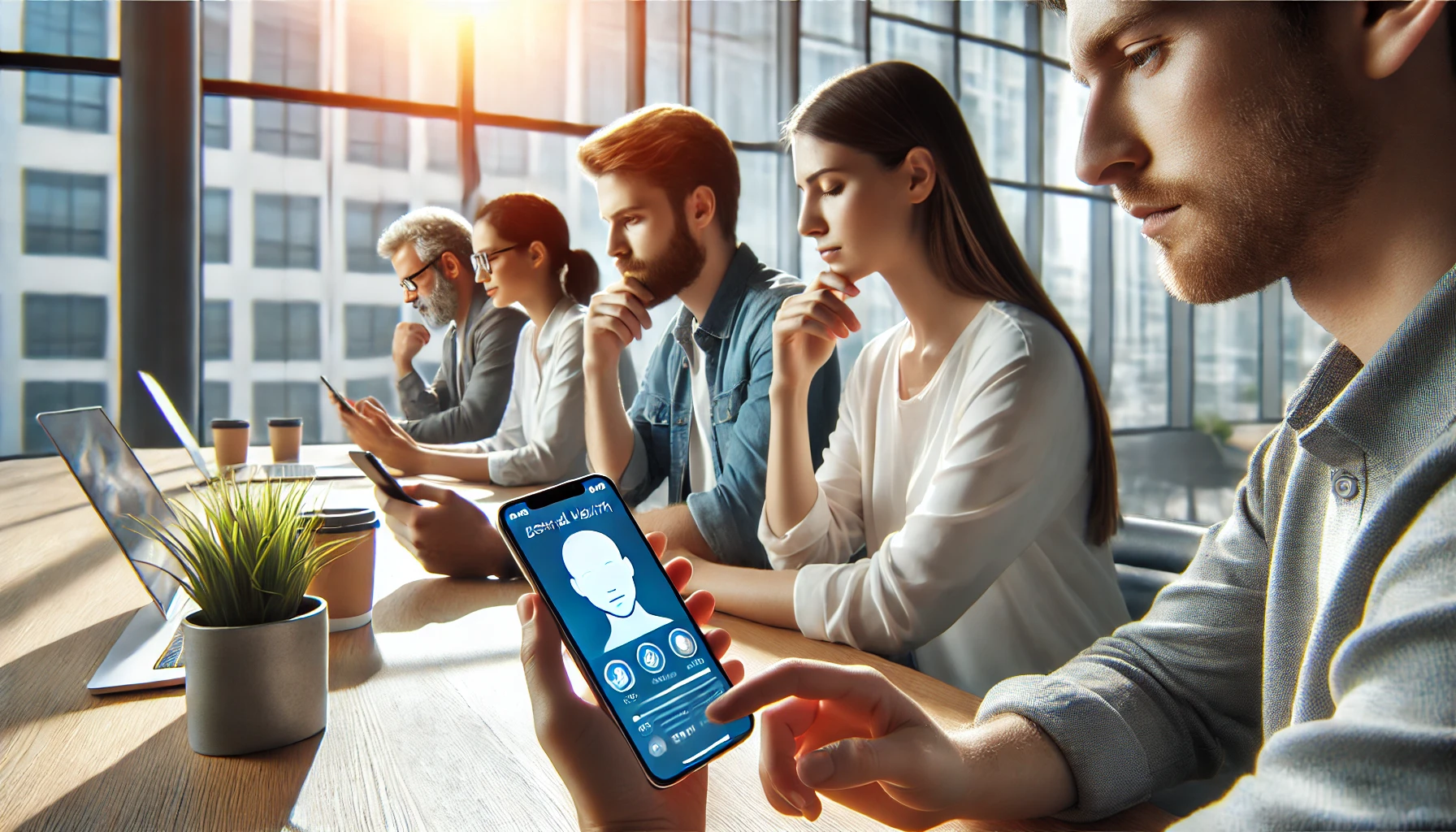 Un gruppo di persone utilizza un'app per la salute mentale su smartphone in un ufficio moderno e luminoso con grandi finestre.