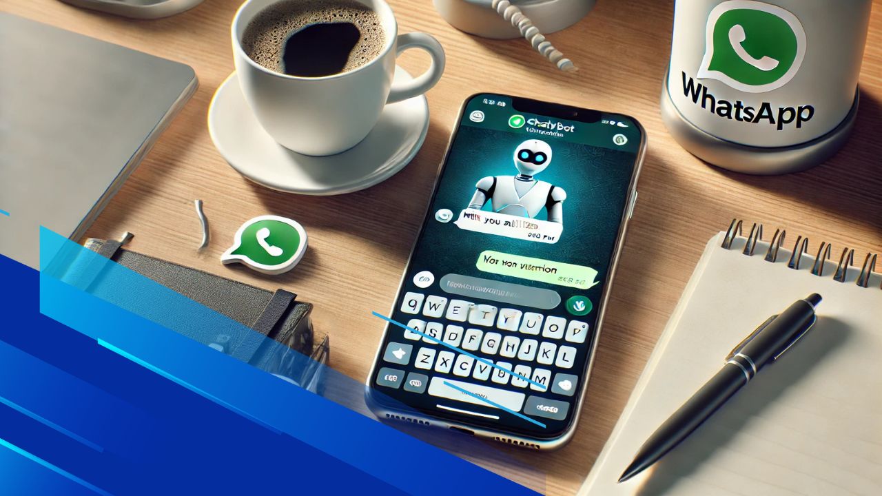 Smartphone con l'interfaccia di un chatbot su WhatsApp, ambientato su una scrivania con tazza di caffè e blocco note.