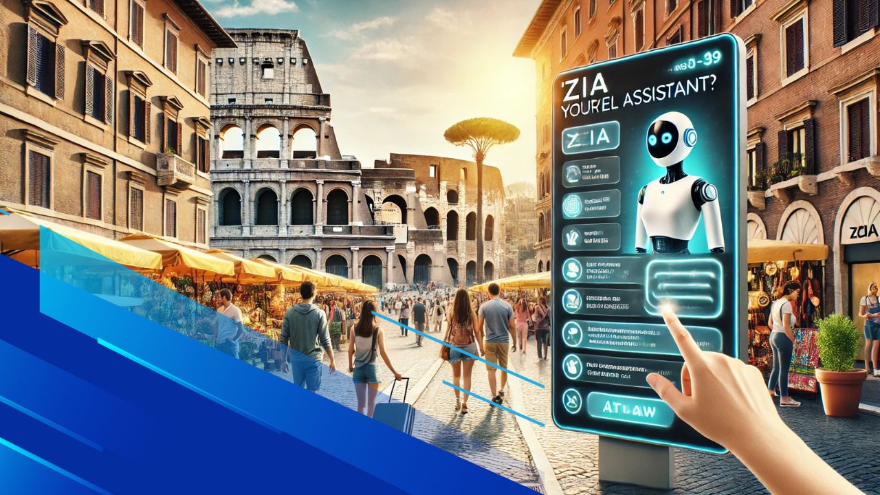 Interfaccia futuristica di un assistente turistico in Italia con il Colosseo sullo sfondo, turisti che interagiscono e suggerimenti di viaggio personalizzati.