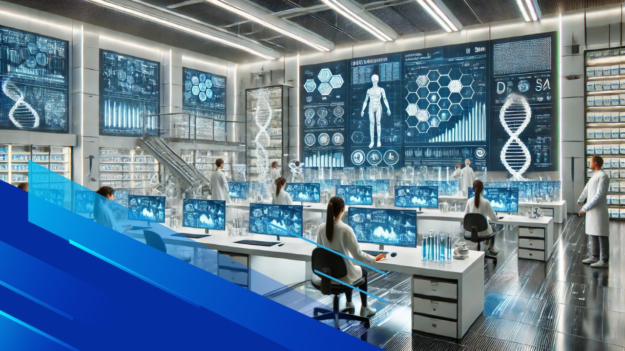 Laboratorio farmaceutico futuristico con scienziati che lavorano su sistemi avanzati di intelligenza artificiale, schermi digitali che mostrano dati genetici.