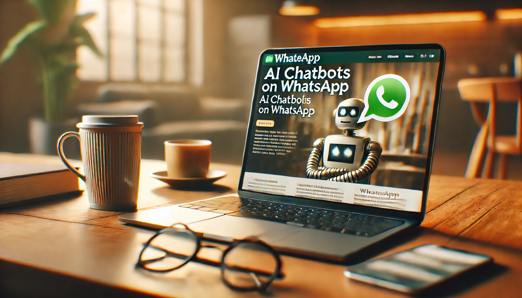 Laptop che mostra un articolo sui chatbot di WhatsApp, con una tazza di caffè, occhiali e smartphone accanto in una stanza accogliente.