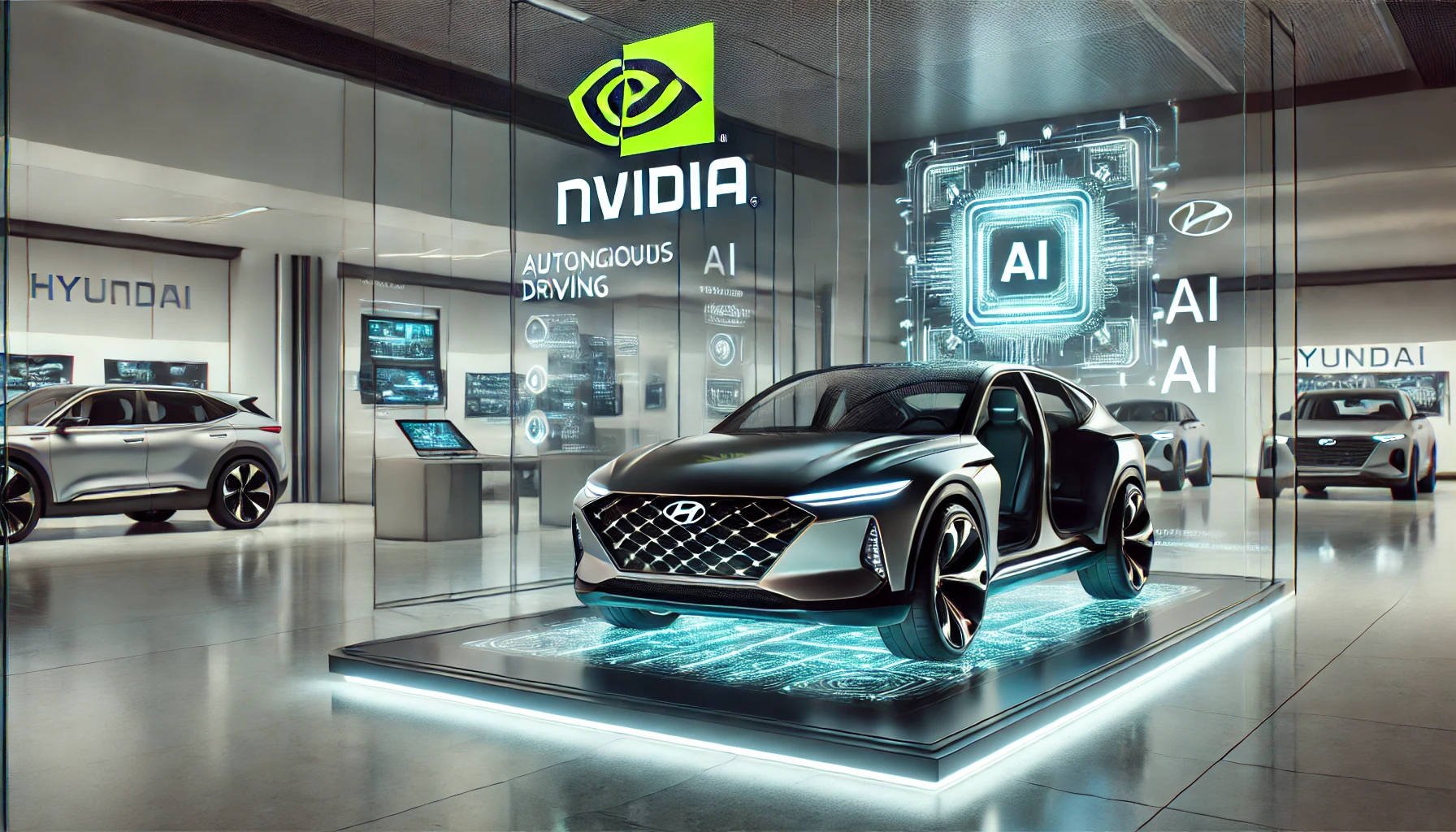 Showroom futuristico con un'auto Hyundai dotata di tecnologia NVIDIA AI e display digitali interattivi.