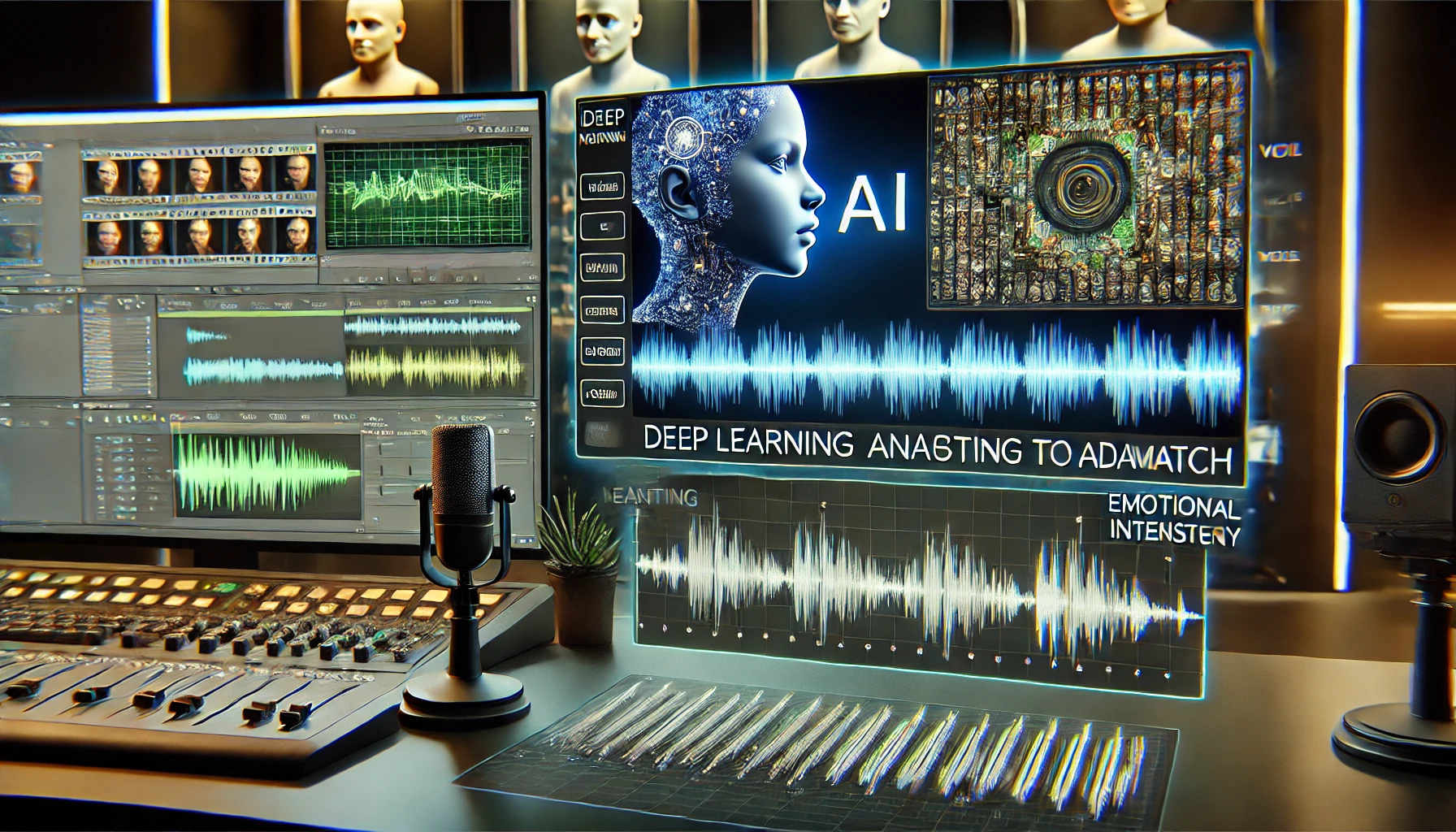Processo di sintesi vocale AI con un algoritmo di deep learning che analizza e adatta una voce per il doppiaggio cinematografico.