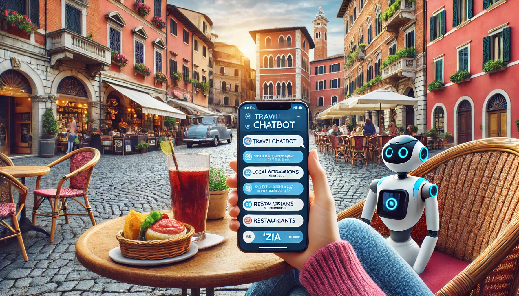 Turista seduto in un caffè all’aperto in Italia che utilizza lo smartphone per interagire con il chatbot "zIA", con edifici italiani tradizionali sullo sfondo.