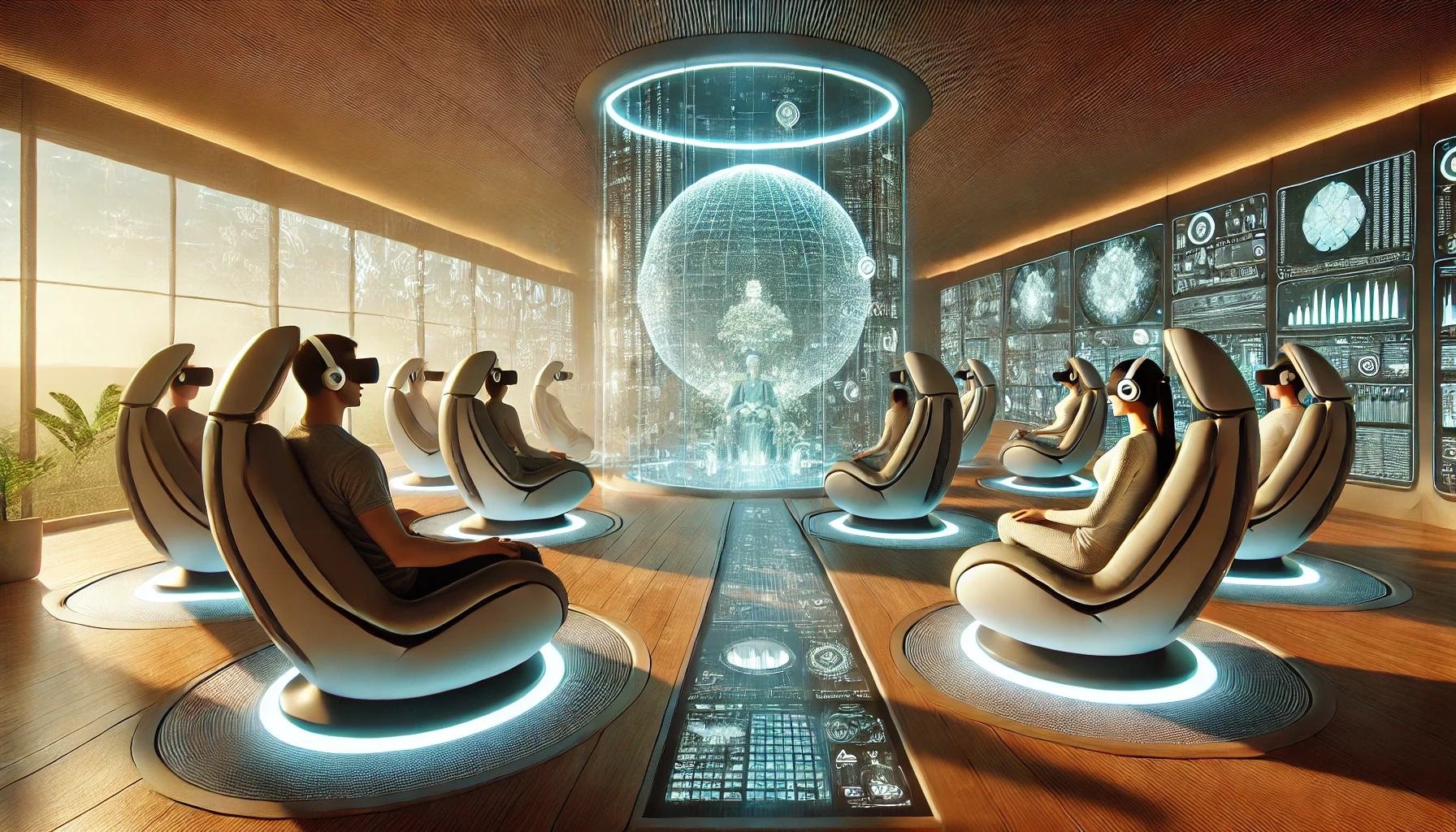 Centro benessere high-tech con pod di meditazione avanzati, realtà virtuale e suoni binaurali guidati dall’intelligenza artificiale.