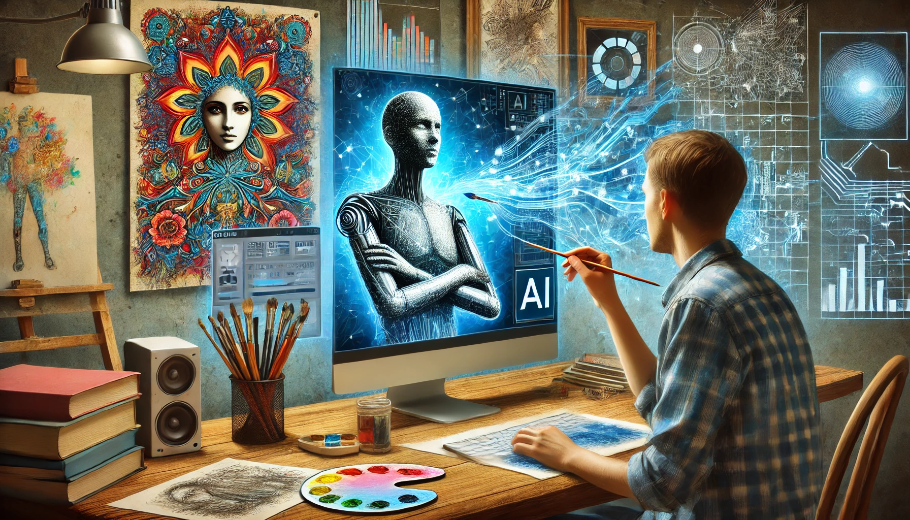 Un artista digitale osserva preoccupato mentre un computer genera opere d'arte con l'intelligenza artificiale, spingendo da parte dipinti e schizzi tradizionali.